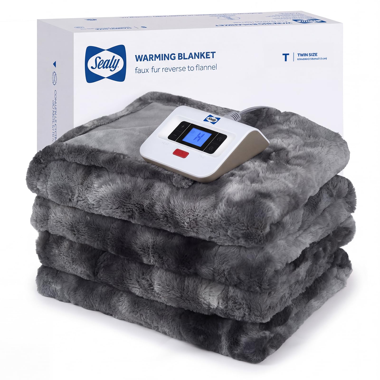 Photo 1 of Sealy Faux Fur Flannel Heated Electric Blanket, Twin Size, Grey