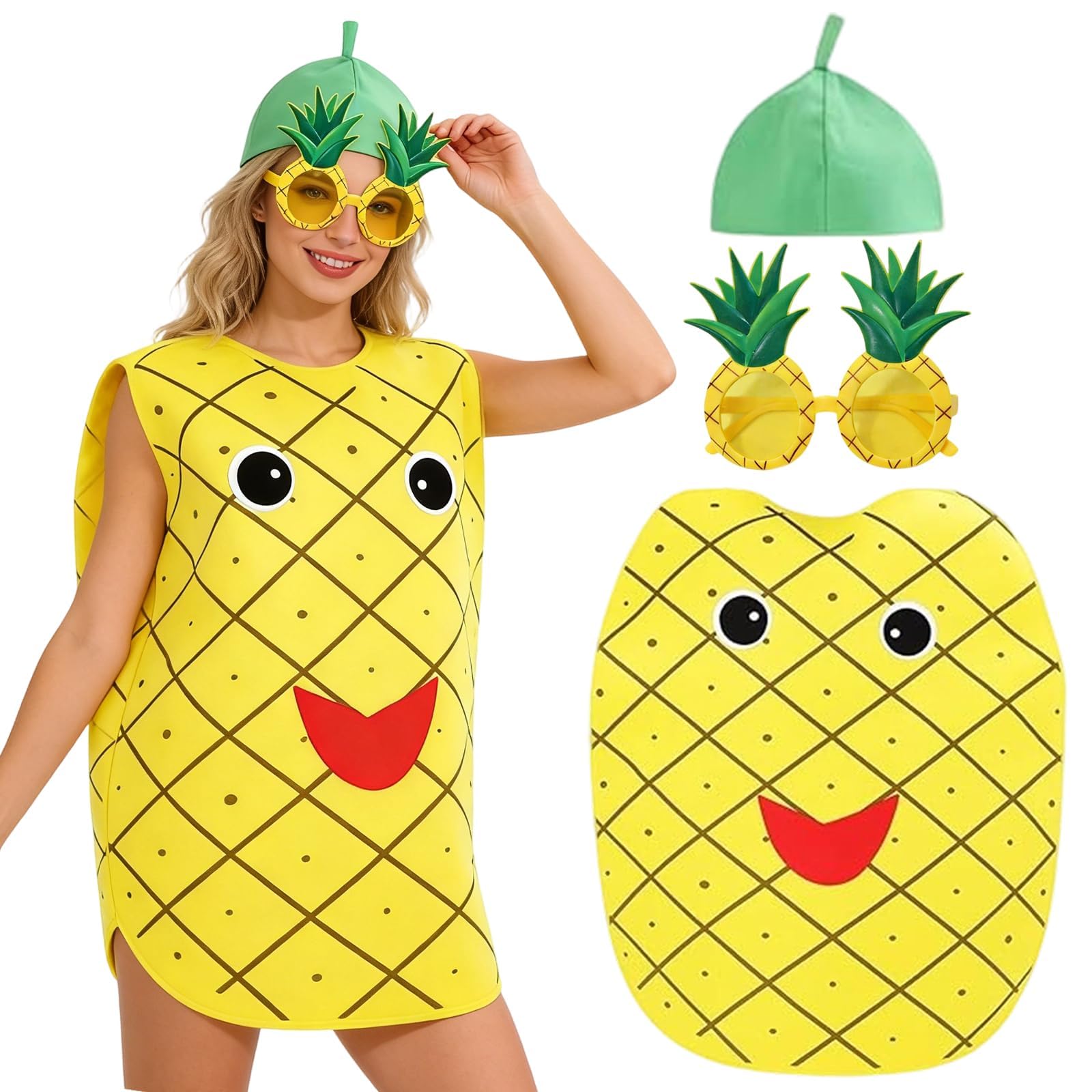 Fruit Costume for Adults, Lightweight Comfortable Funny Fruit Cosplay Outfit Fancy Dress for Adult Fancy Dress Costumes - Hat, Dress & Glasses, for Halloween Party Cosplay Fun Events (Pineapple)