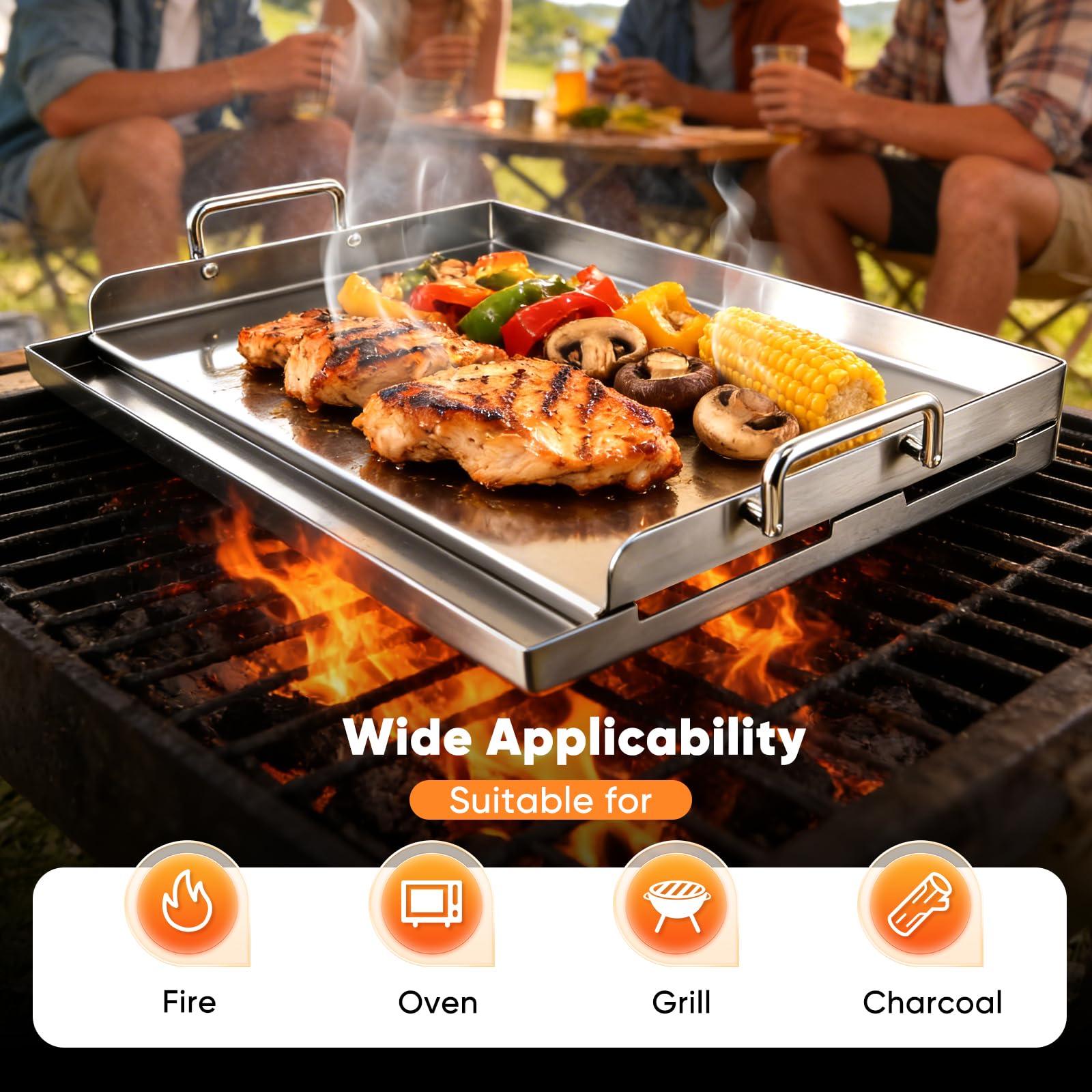 Edelstahl Plancha Grillplatte Edelstahl Massive Stahlgrillplatte Herd für Gas- & Holzkohlegrill,Gleichmäßige Hitzeverteilung,vielseitig für Garten,Camping,Feste,43x32,2cm