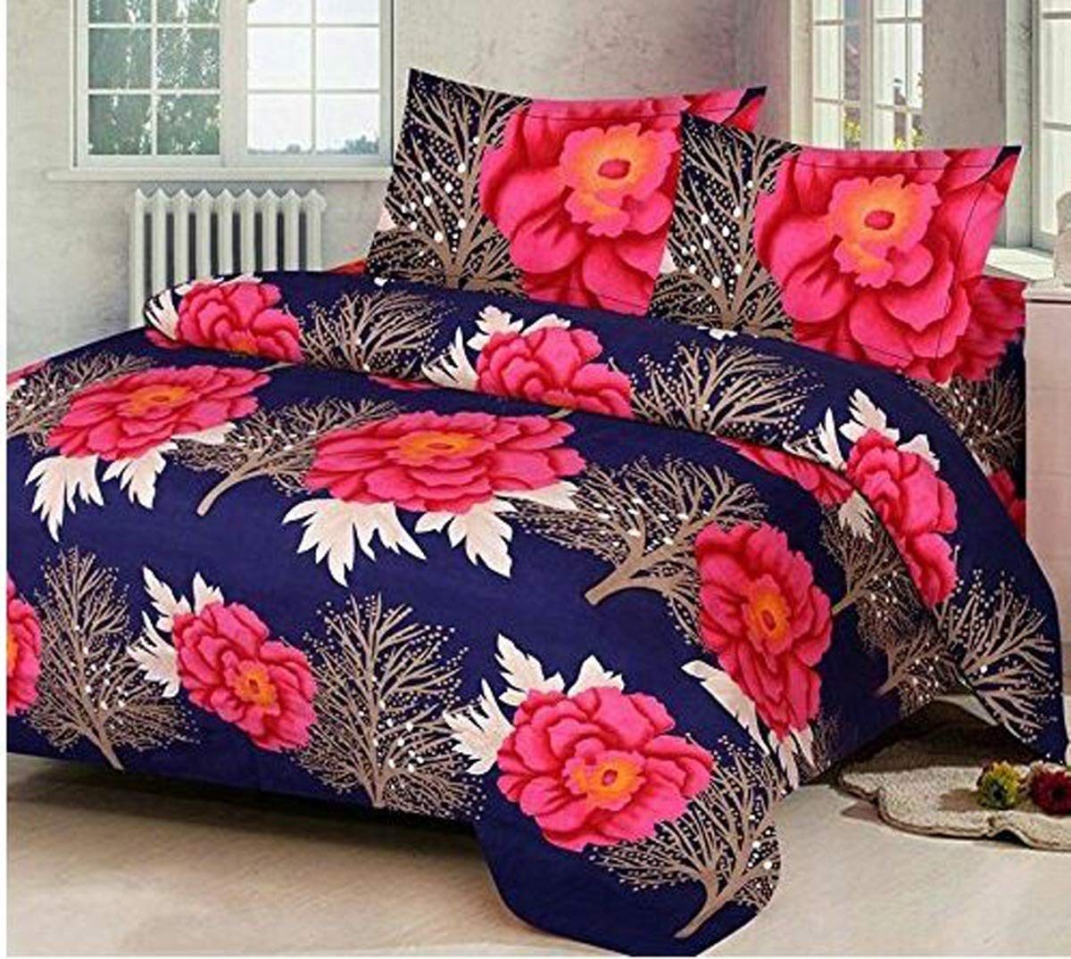 Generic 3D Polyester Elegant Floral Printed Double Bed Sheet with 2 Pillow Cover (90 x90 inch bedseet, Multicolour), Standard (Bed_0020 New)