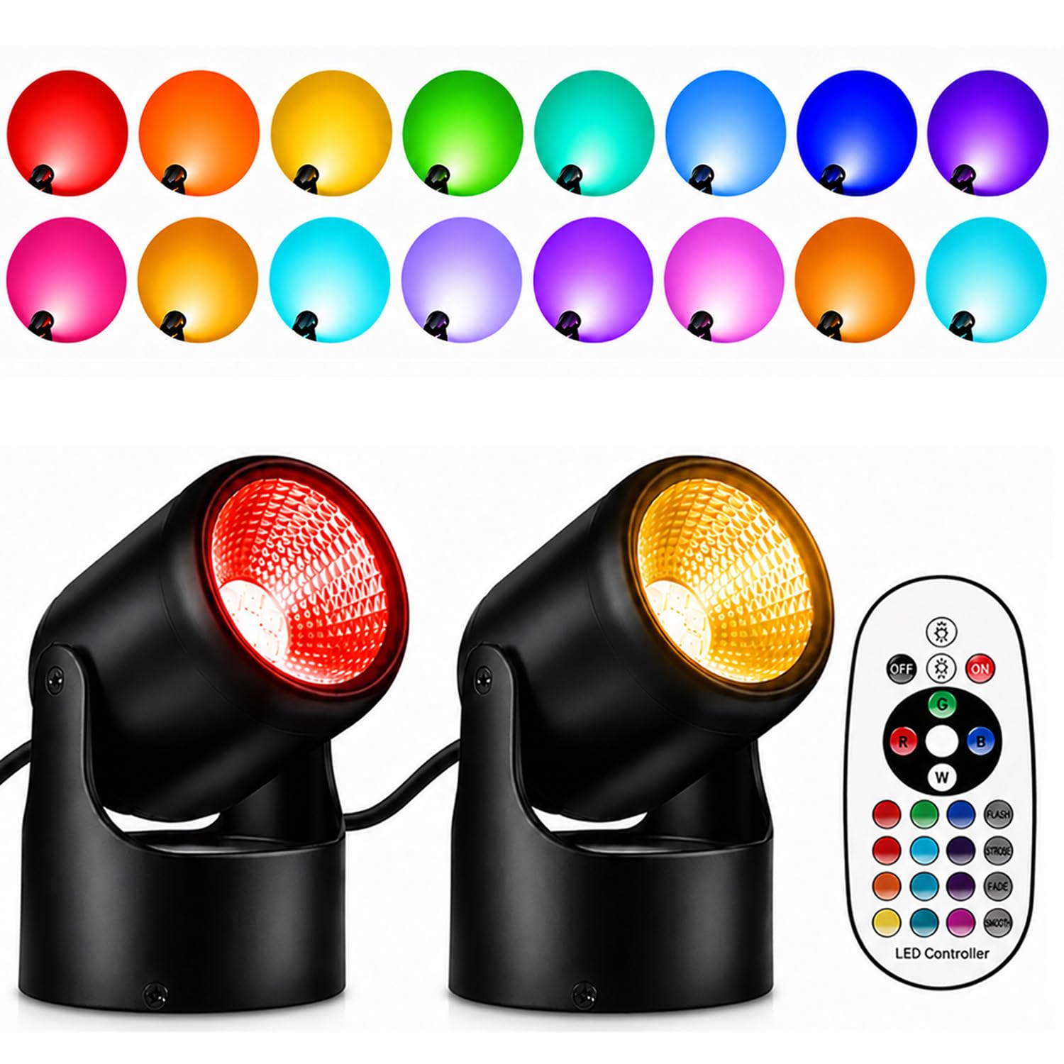 Photo 1 of 6W RGBW Up Lights Indoor, LED Color Changing Spotlight Indoor with Remote, 120V Plug in Floor Uplighting for Plants, Picture, Wall, Ambient Mood Lighting for Bedroom Living Room Party, 2 Pack