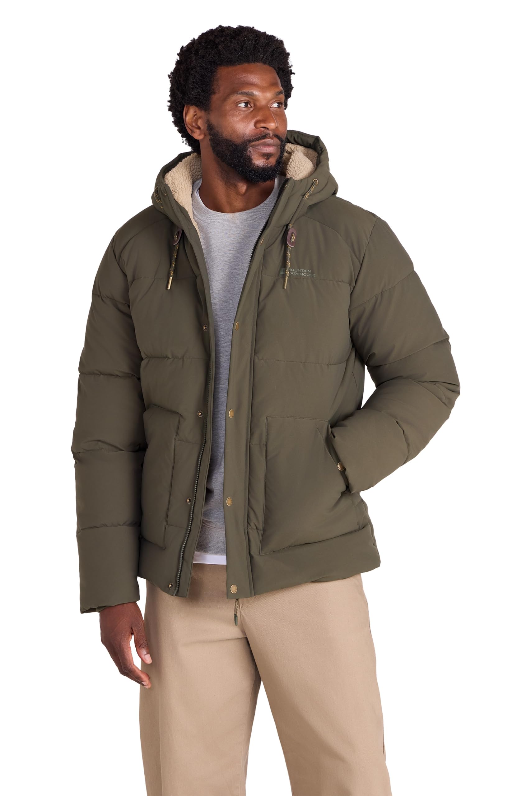 Mountain Warehouse Manta Mens Borg Lined Padded Jacket - IsoTherm, Water-resistant Parka Coat with Adjustable Hood - Autumn Winter, Outdoors, Travelling & Hiking Khaki 3XL