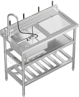 39.4 x 19.7 x 34.6 Inch Stainless Steel Utility Sink, Freestanding Single Bowl Kitchen Sink with Pull-Out Hot & Cold Faucet, s-Hooks, Storage Shelf, Adjustable Legs for Laundry Room, Garage