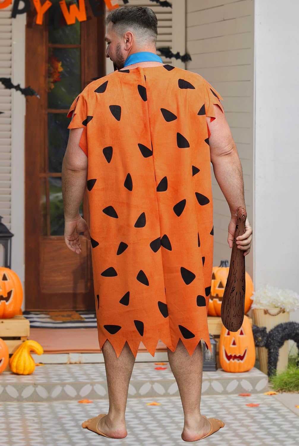 Mainfini 3 Pcs Plus Size Suede Caveman Costume Stone Age Outfits Classic Tunic Inflatable Bat Tie Outfit (2XL-3XL)