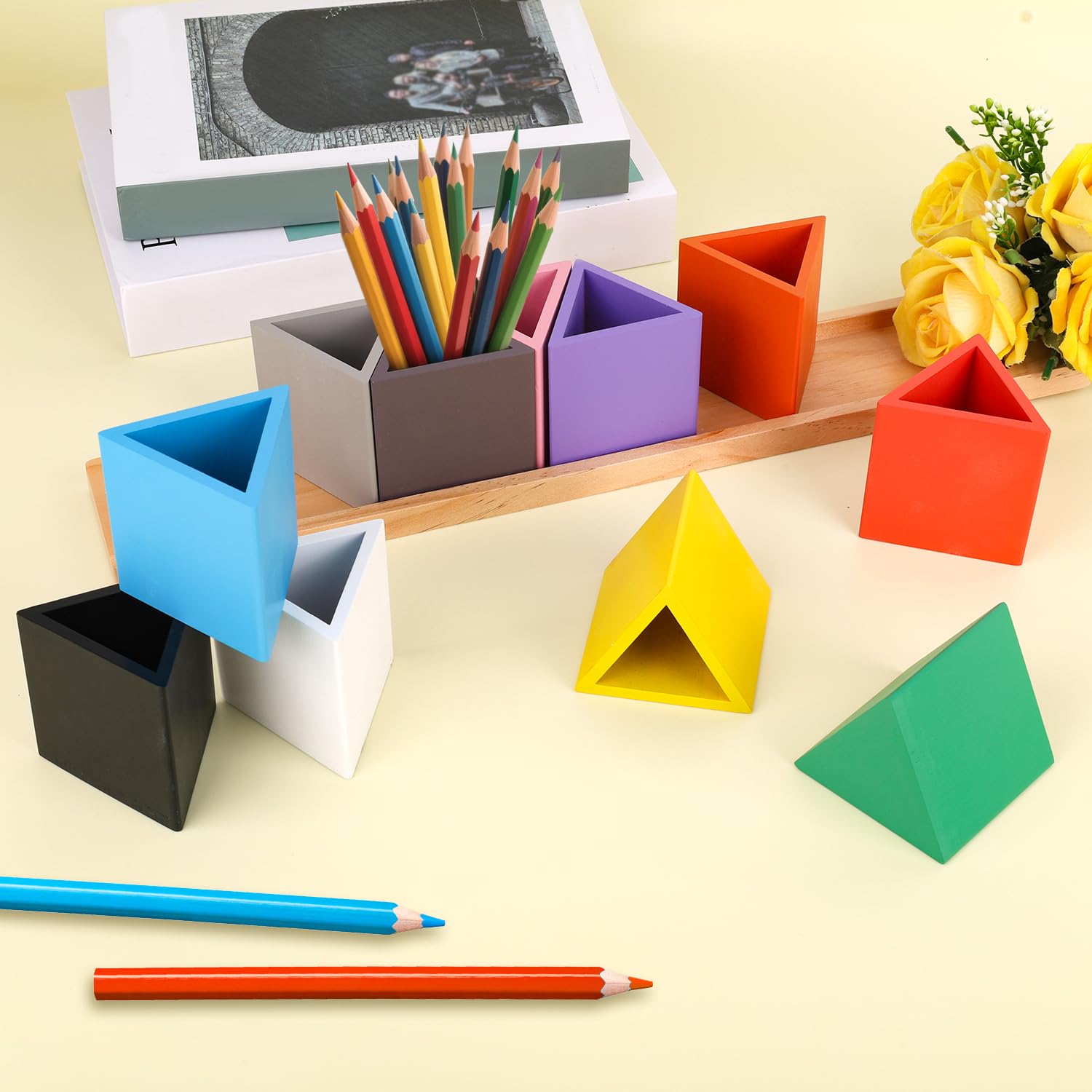 Diegimr Wooden Colored Pencil Holder, Desk Wood Coloured Pencil Holder with 11 Movable Compartments Pen Cups Holders Montessori Crayon Organiser for Desk Office Home Supply - Image 3