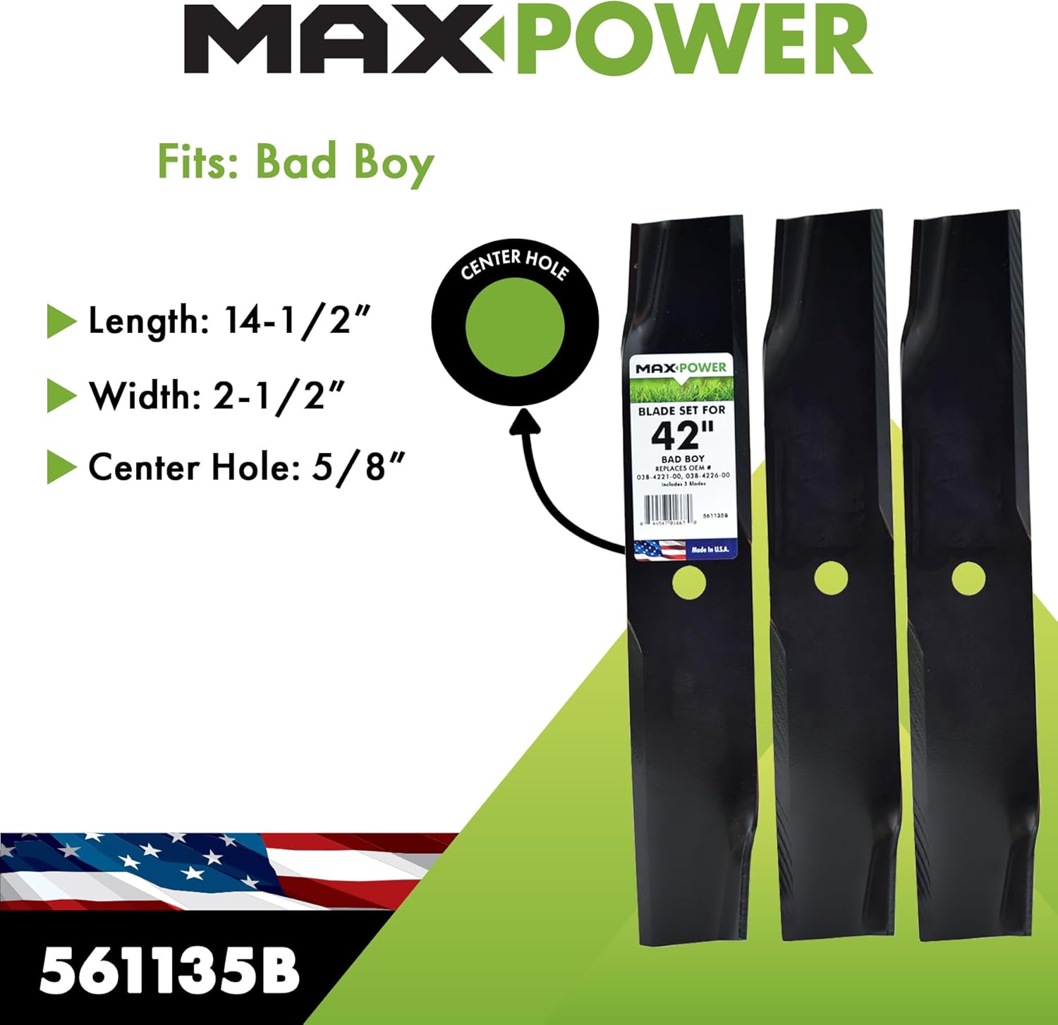 MaxPower 561135B 3-Blade Set for Many 42" Bad Boy and Dixie Chopper Mowers, Replaces OEM #'s 30227-42, 63227-N, 038-4221-00, 038-4226-00