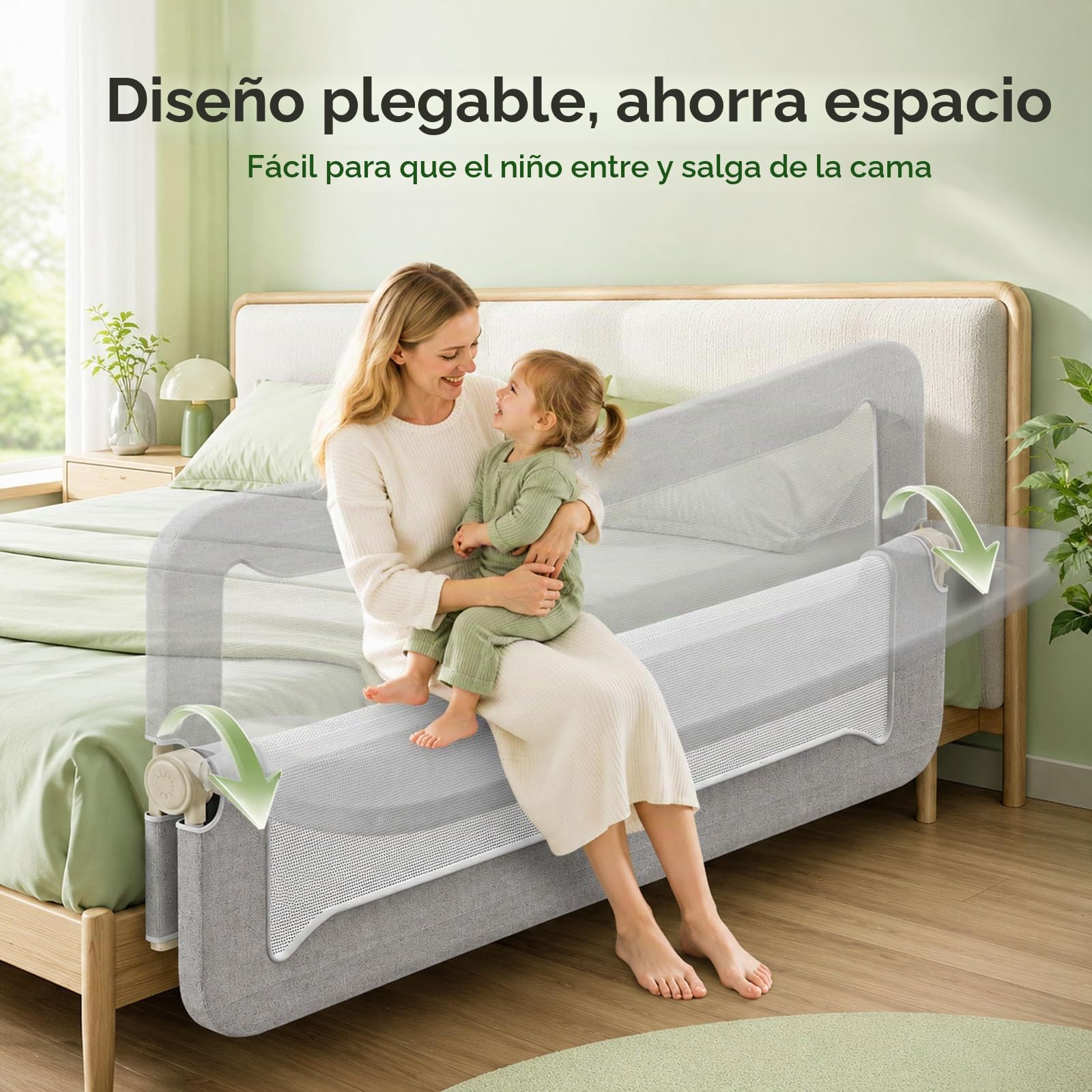 EPROICKS Barrera de cama plegable con sistema de apertura total, 150 cm, con marco de acero reforzado, apto para somieres de cama de altura regulable de todo tipo (gris)