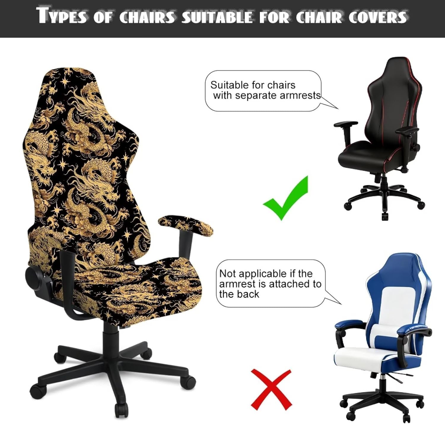Dragon Office Chair Armrest Sleeves 4 Piece Set with Seat Cover Fits Gaming Recliners PC Chairs Breathable Fabric Anti-Pet Scratch Washable