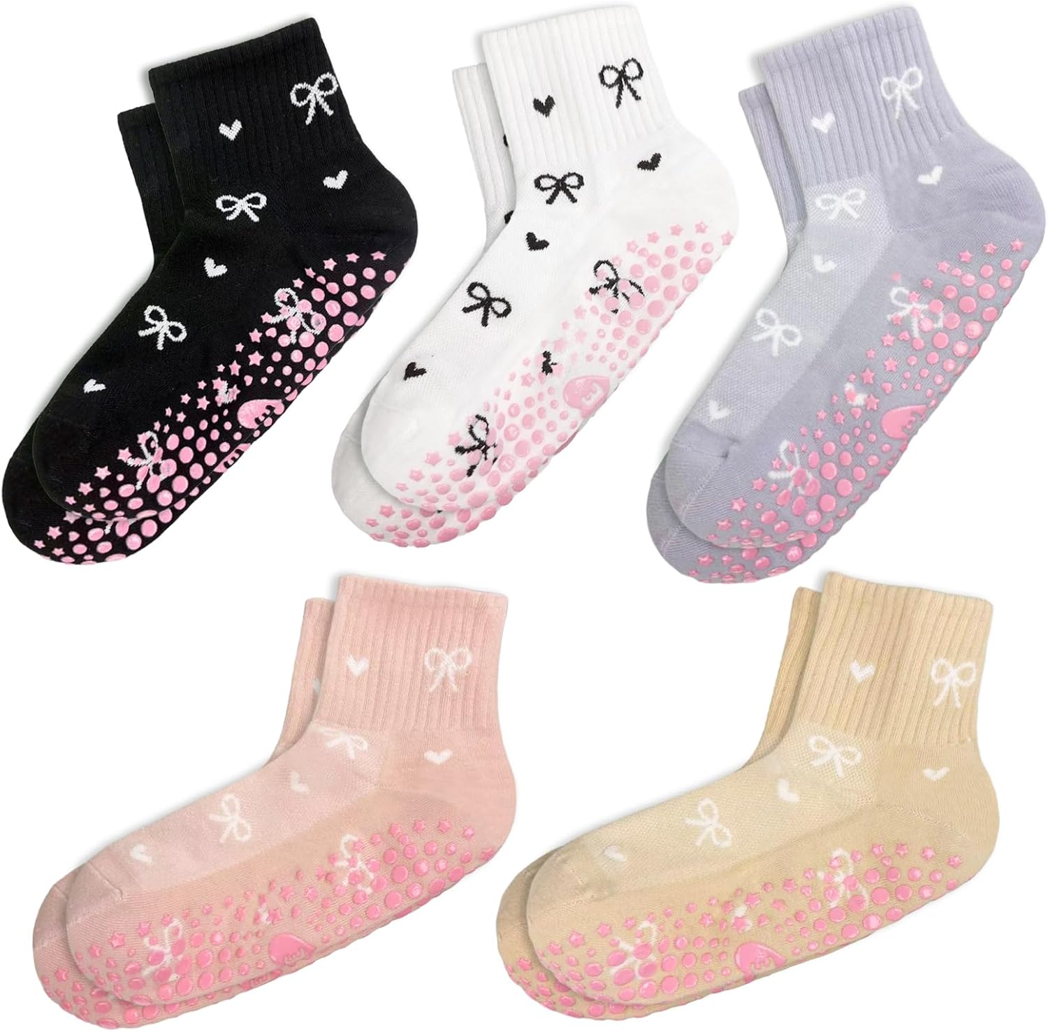 Cute Yoga Socks for Women, Non Slip Grip Pilates Barre Crew Socks with Heart Bow, US Size 5-9