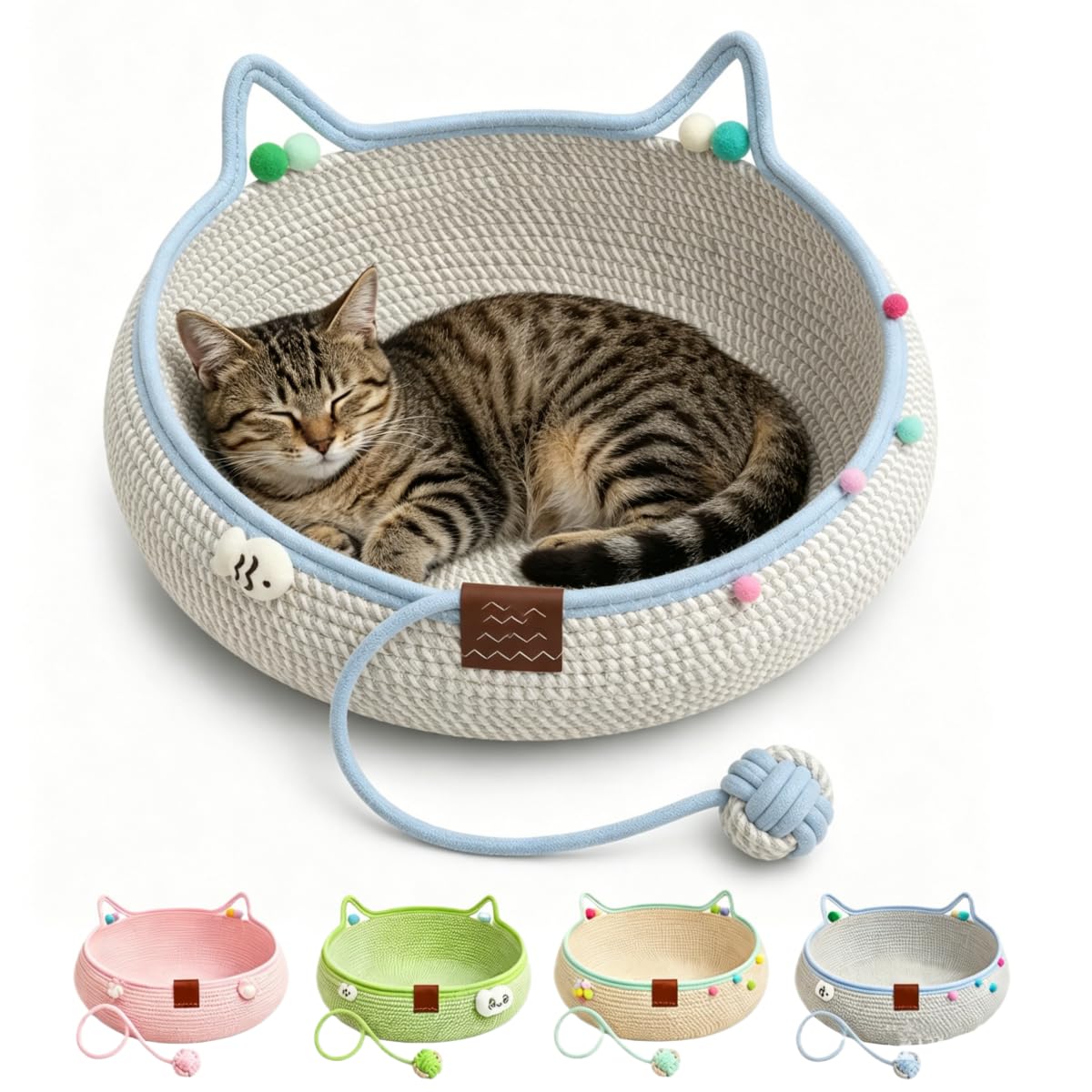Cat Basket Bed With Cushion & Hanging Ball Toy, Handwoven Cat Instinct Basket for Indoor Cats Dogs (Grey,M-40cm)