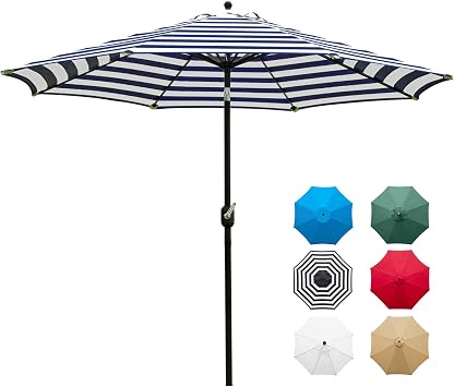 Sunnyglade 9' Patio Umbrella Outdoor Table Umbrella 8 Ribs Blue and White | 9Ft Striped Patio Umbrella with Waterproof Polyester Canopy, Aluminum Pole, Push-Button Tilt & Crank for Outdoor Patio Tables