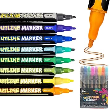 Dual Tip Outline Markers, 16 Colors Self-Outline Metallic Glitter Pens for Drawing, DIY Art Crafts, Christmas Cards, Gifts 8
