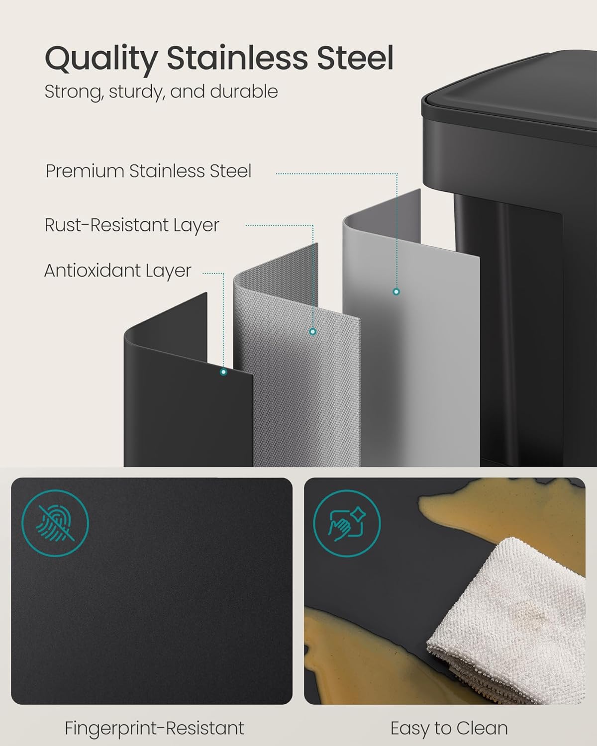 SONGMICS Trash Can, 2 x 8 Gallon (2 x 30 L) Dual-Compartment Garbage Can with Soft-Close Lid, Pedal and Inner Buckets, Stainless Steel, Includes 15 Liner Bags, Ink Black ULTB741B01 - Image 7