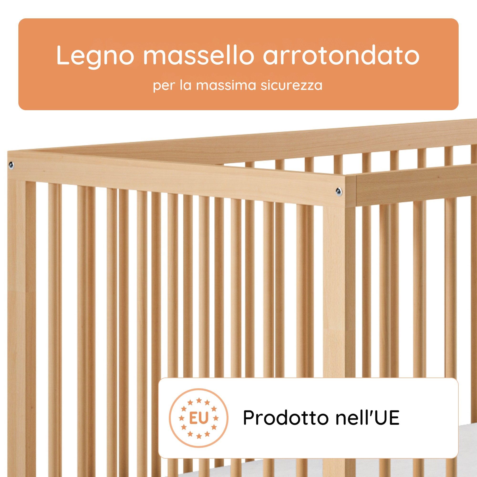 Kids Collective Letto per Bambini in legno di faggio naturale 60x120 cm e 70x140 cm | Rete regolabile in altezza, sbarre removibili | Dalla nascita fino a 3 anni | Prodotto in UE | naturale