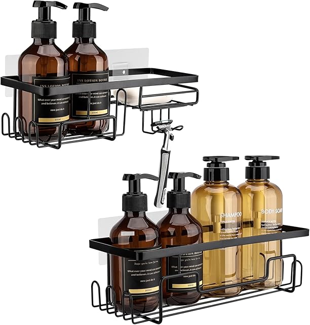 2Pcs Shower Caddy Black, YMWVH Shower Shelf No Drilling, Adhesive Bathroom Shower Shelf Wall Mounted,Shower Organiser for Shampoo Conditioner Bathroom Storage,Rustproof 304 Stainless Steel