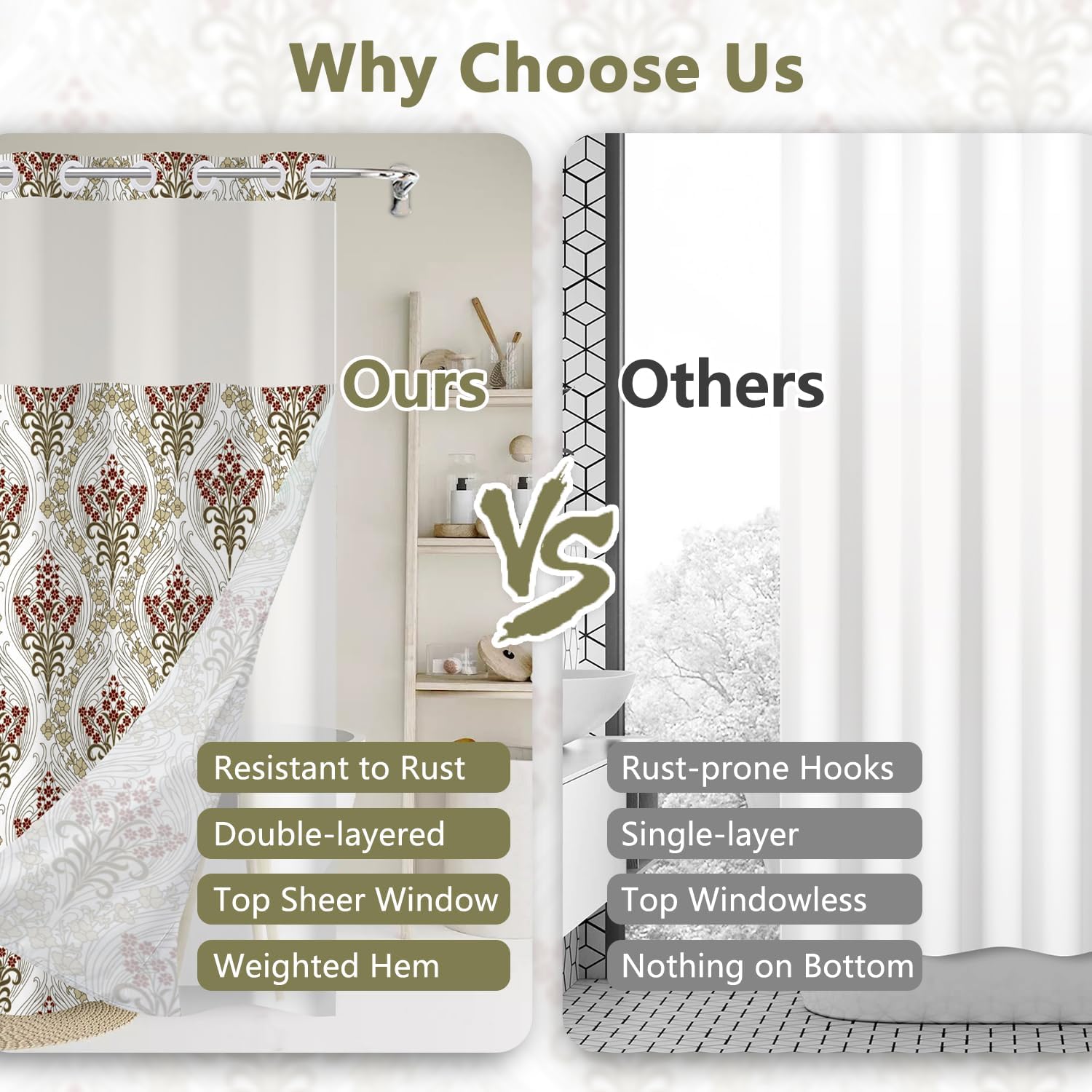 No Hook Vintage Boho Floral Shower Curtain with Liner, Modern Aesthetic Waterproof Machine Washable Fabric Shower Curtain, Red Flower Botanical Bathroom Curtains with Top Sheer Window, 71x74 Inch