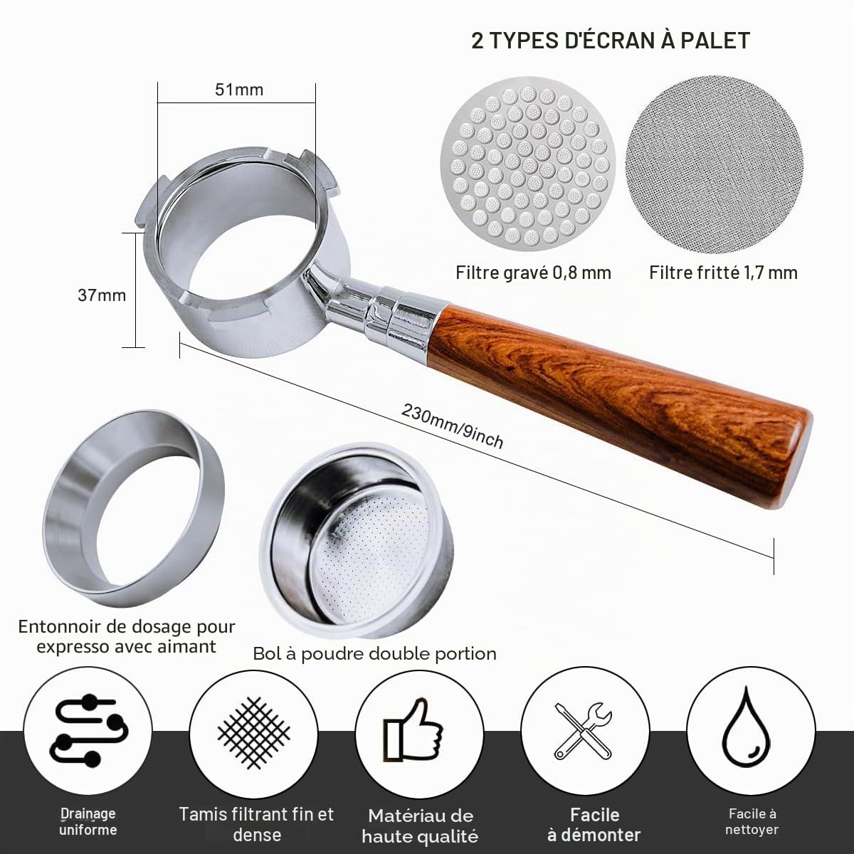 Porte-Filtre Sans Fond 51mm Compatible DeLonghi Dedica EC680/EC685/EC885, Poignée Espresso 3 Oreilles Acier Inoxydable avec Puck Screen & Entonnoir, Poignée Bois