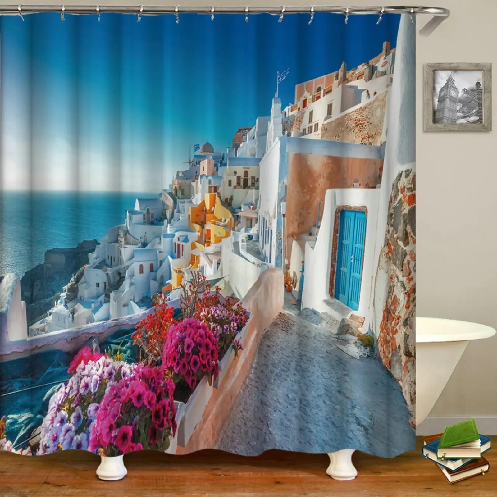 Rideaux de douche paysage méditerranéen imperméables et lavables 165x183cm