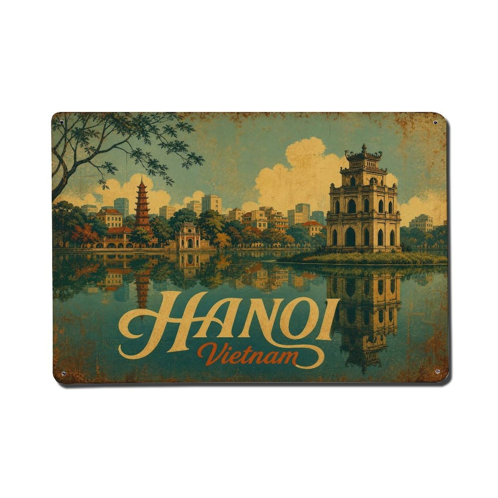 Classic Hanoi Vietnam Lake Reflection Travel Metal Tin Sign
