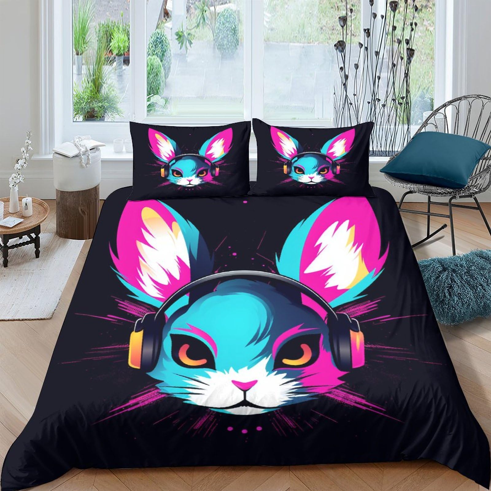 Housse de couette lapin imprimé 3D microfibre ultra douce parure de lit 3 pièces pour lit double