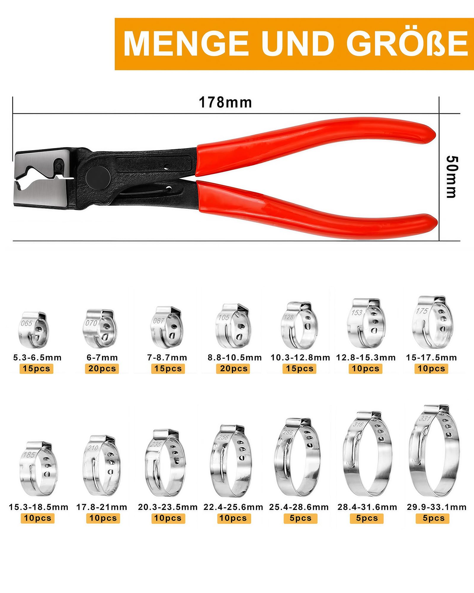 160PCS Schlauchschellen Set Edelstahl 304 mit Schlauchklemmenzange, 14 Größen (5,3-33,1mm) Einohr Schlauchklemmen Sortiment für Auto, Haushalt & Sanitär – Rostfrei & Auslaufsicher