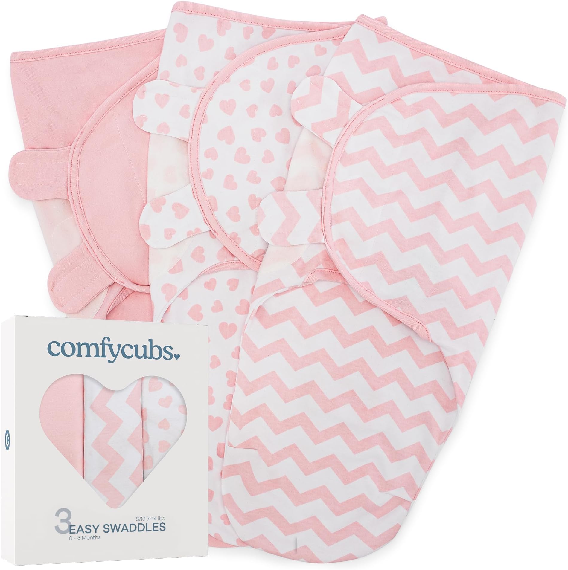 Comfy Cubs Easy Swaddle Blanket, 3 Pack - 100% Cotton Newborn Wrap, Small for 0-3 Months Infants, Breathable and Durable Sleep Sack for Babies - Pink