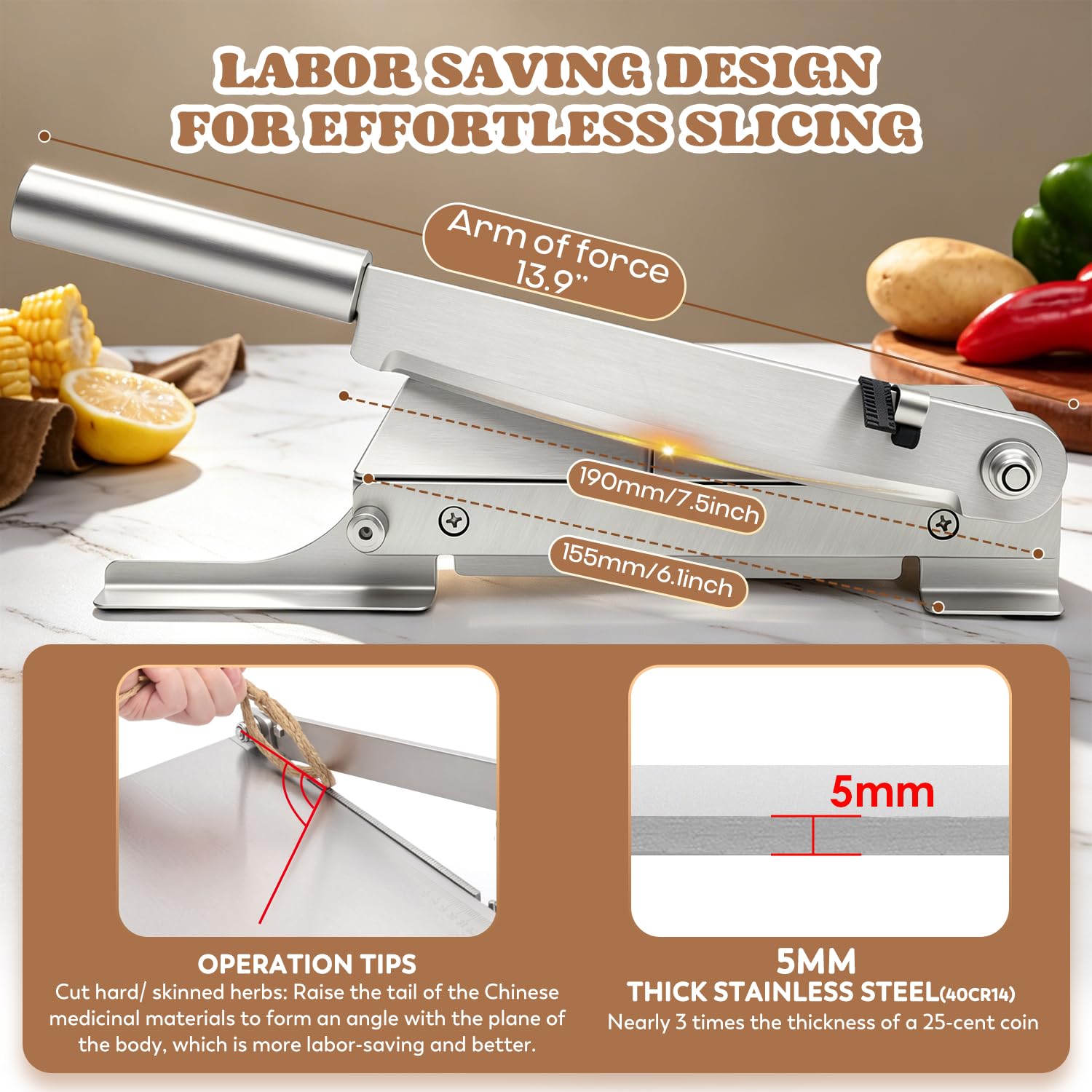 Moongiantgo Manueller Fleischschneider Handbuch Rippen Fleischschneider Biltong Slicer mit Abnehmbarer Skala, 190mm Klingenlänge für Kräuter Ginseng Nougat Speck Schinken Gemüse Delikatessen (KD0270)
