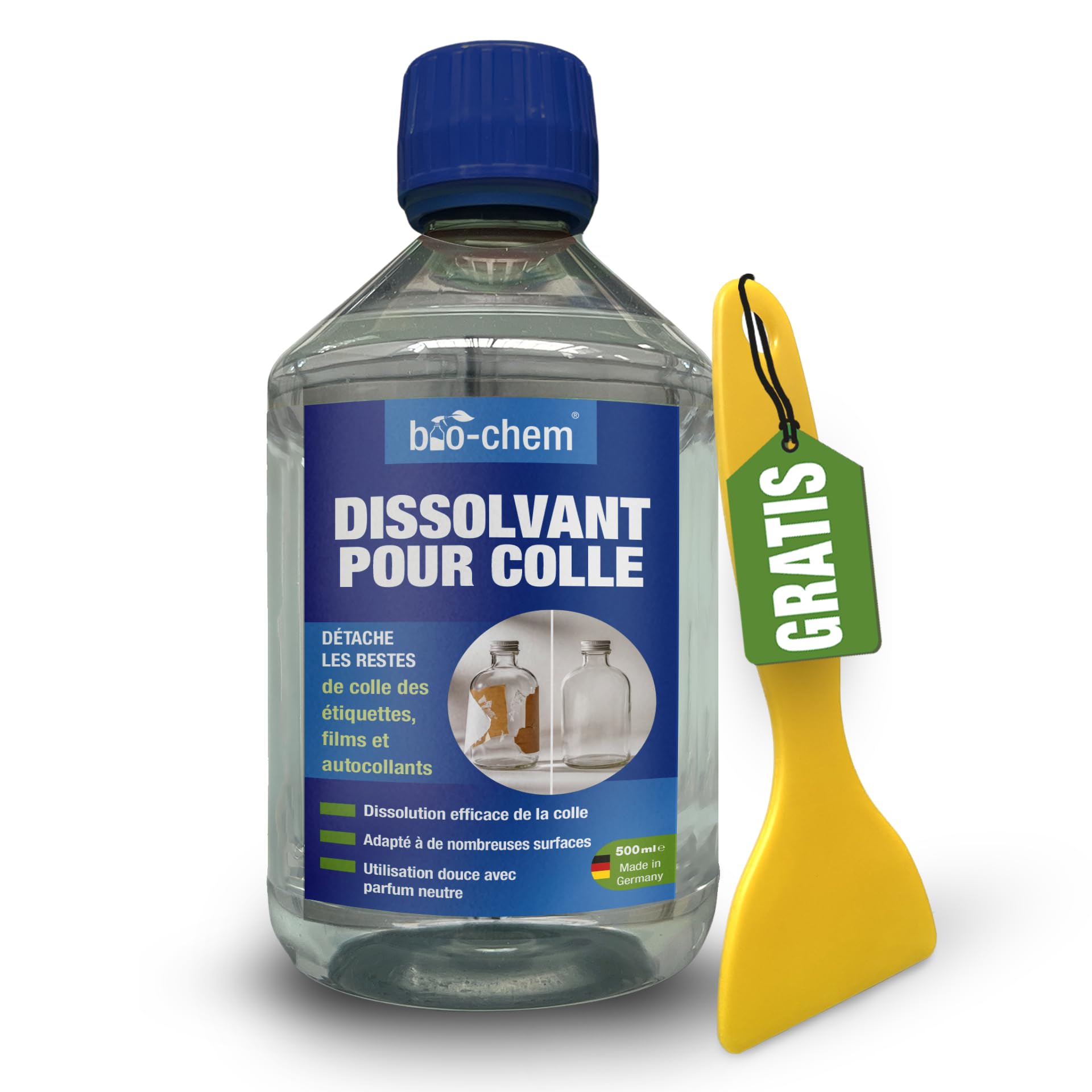 bio-chem - Dissolvant colle et adhesif 500ml - Alternative à l'acetone - Produit enlever colle autocollant - Décape résidus étiquettes, glue extra forte, uhu, loisir creatif - Grattoir inclus