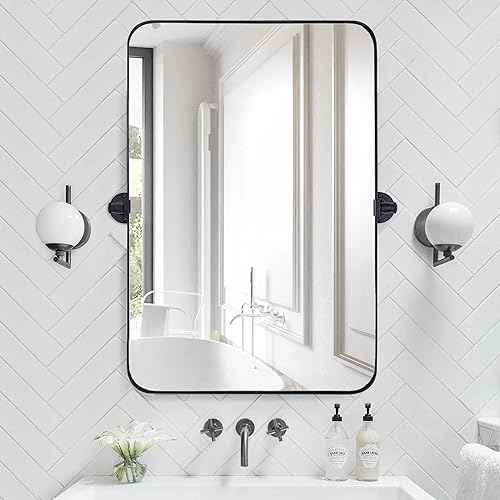 Miniatura 1 de TEEBARN Espejo de baño rectangular giratorio con marco de metal negro de 20 x 30 pulgadas, espejo de tocador rectangular redondeado inclinable para