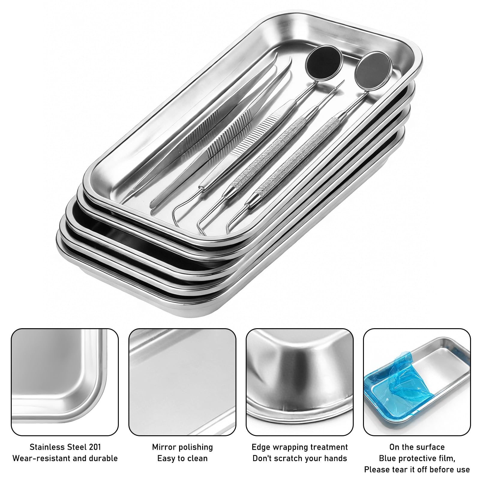 10 vassoi rettangolari in acciaio inox, 22,5 x 11,7 x 2 cm, piccoli vassoi da laboratorio in acciaio inox, piatti da portata per laboratorio dentale e ospedali