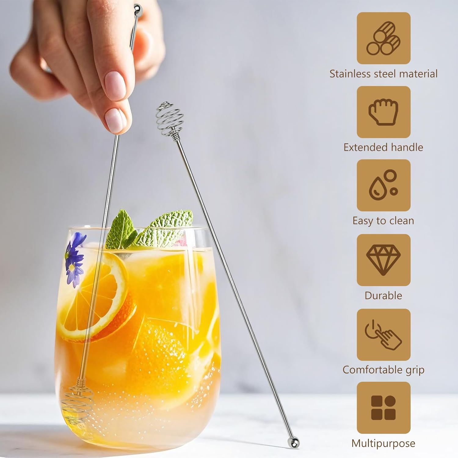 Stainless Steel Coffee Stir Sticks – 4 Pack Reusable Swizzle Stirrers with Honeycomb Ball Design for Cocktails, Tea, Juice, and Mixed Drinks (7.5”)