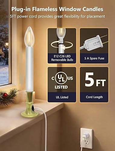 Miniatura 9 de Konictom Paquete de 4 velas eléctricas de Navidad para ventana, velas eléctricas de 9 pulgadas con sensor del atardecer al amanecer, luces de vela