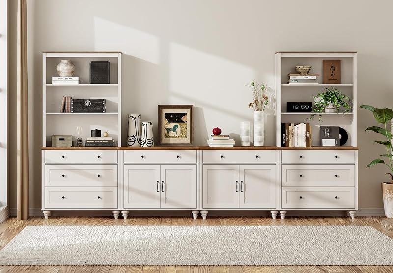 WAMPAT Entertainment Center with Bookshelves for TVs up to 75", Farmhouse Wall Unit TV Stand with Doors & Drawer, Media Console Table for Living Room, Bedroom & Home Theater, White image 3
