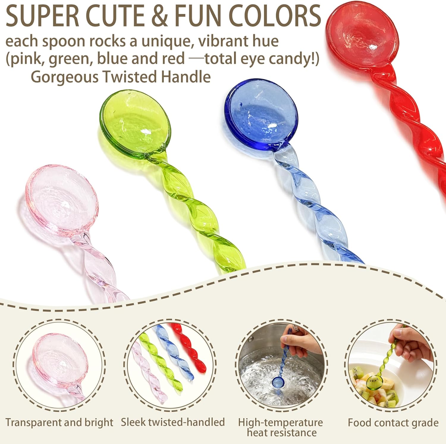 4 Pcs Colorful Handmade Glass Stirring Spoons 6.5" Cute&Beautiful Twisted Handle Borosilicate Spoon for Coffee Tea Cocktails & Desserts| Vibrant Decorative(Pink Red Blue Green) - Image 2
