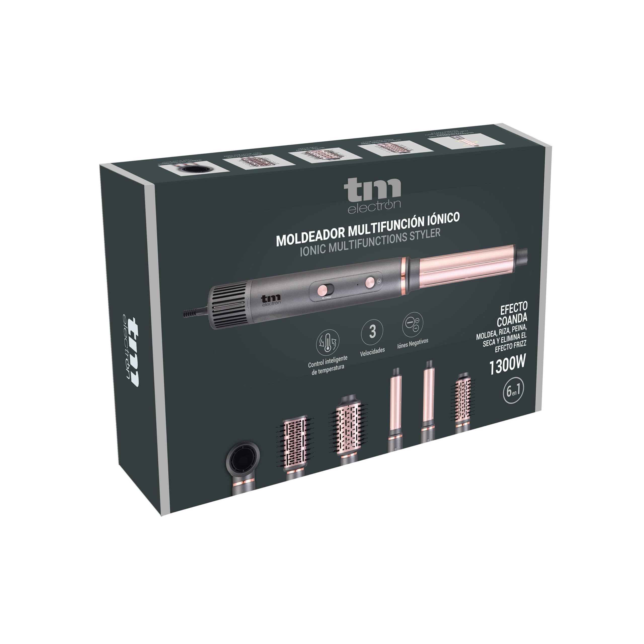 Moldeador de Pelo Multifunción Iónico 6 en 1 1300W – Secador, Rizador y Cepillo de Aire Caliente con 6 Accesorios, Motor Digital 110.000 rpm, Antifrizz, Secado Rápido