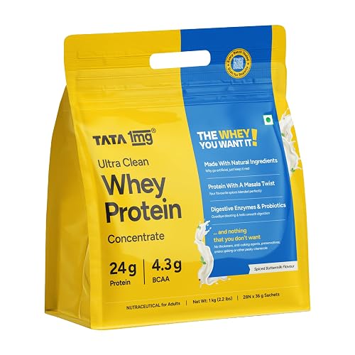 Tata 1mg Ultra Clean Whey Protein Concentrate - Chaas Flavour, 1kg | 24g protein, 4.3g BCAA & 30B CFU Probiotics-28 Sachets