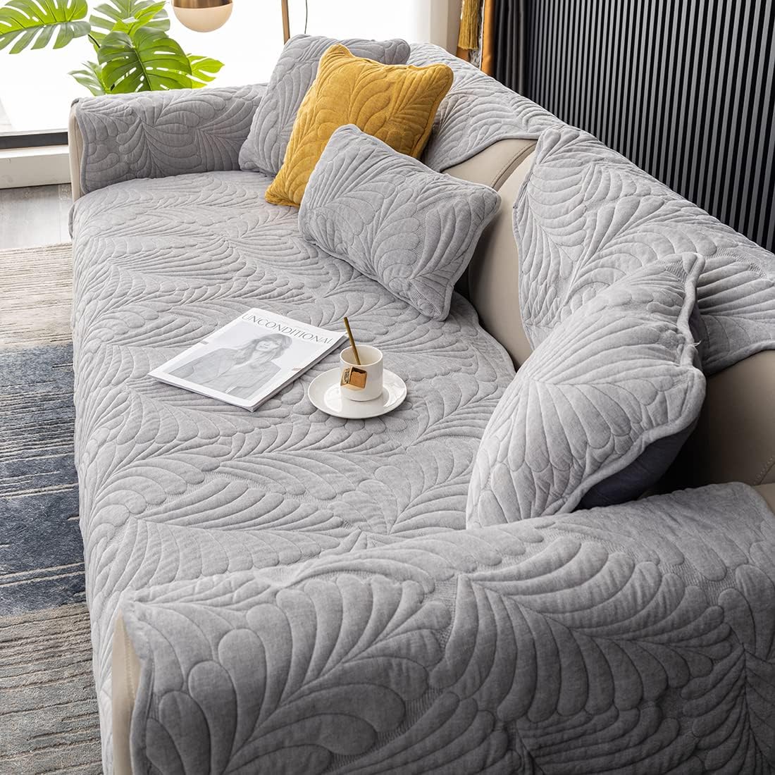 vctops Chenille Leaf Quilted Sofa Couch Cover Scalloped Edge Sectional Couch Cover Super Soft Non Slip Sofa Slipcover Furniture Protector for Pets Kids Children Dog Cat (Light Grey,36"x70")