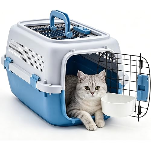 NEWBULIG 23" Hard-Sided Dog Carrier, Plastic Cat & Dog Crate, 4-Sided Ventilation Travel Pet Kennel, Top & Front Door Access, Integrated Food Bowl, for Small Pets up to 22 lbs, Blue