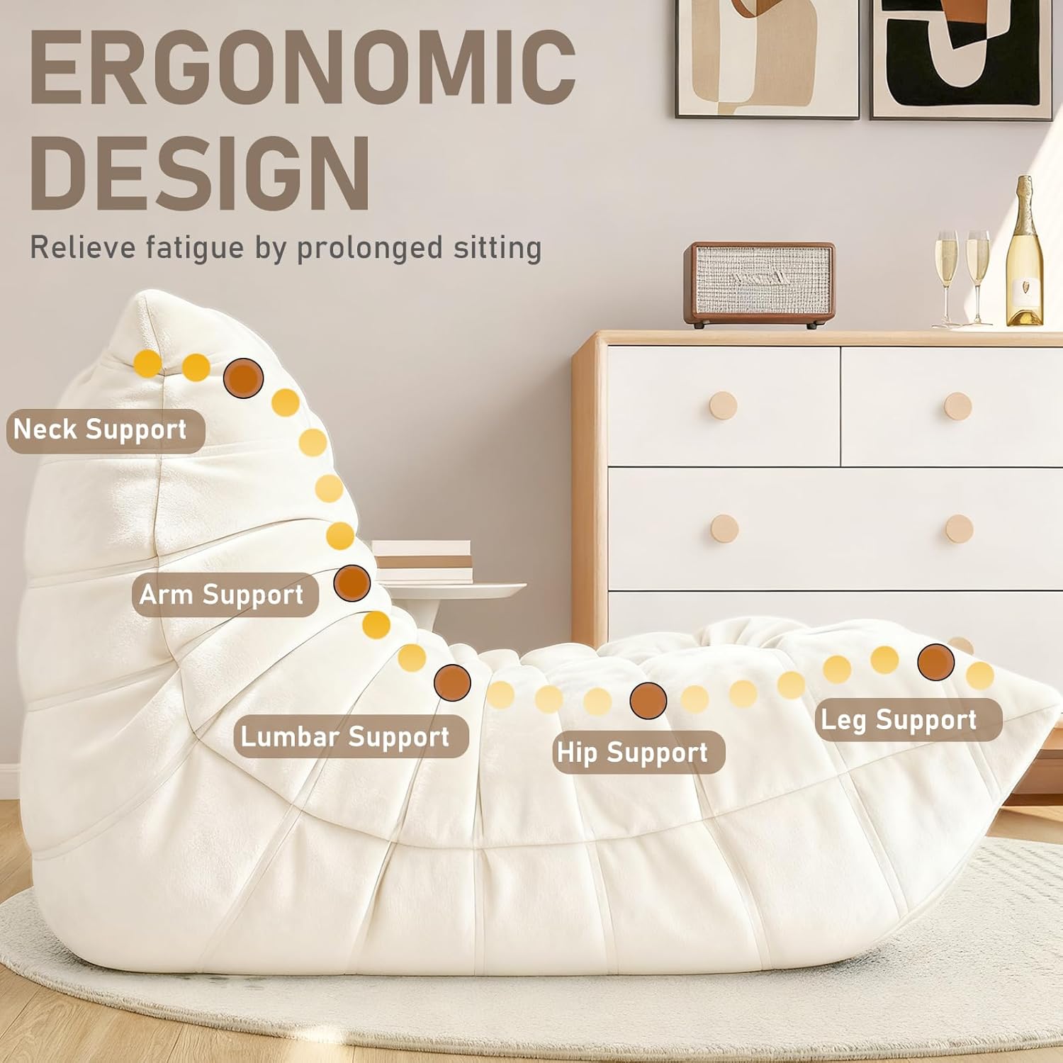 Trenda Bean Bag Chairs for Adults - Comfy Foam Bedroom Floor Sofa, Adult Size with Soft Velvet Boneless Beanbag Couch, Versatile for Living Room, Dorm, College,Reading & Gaming (White)