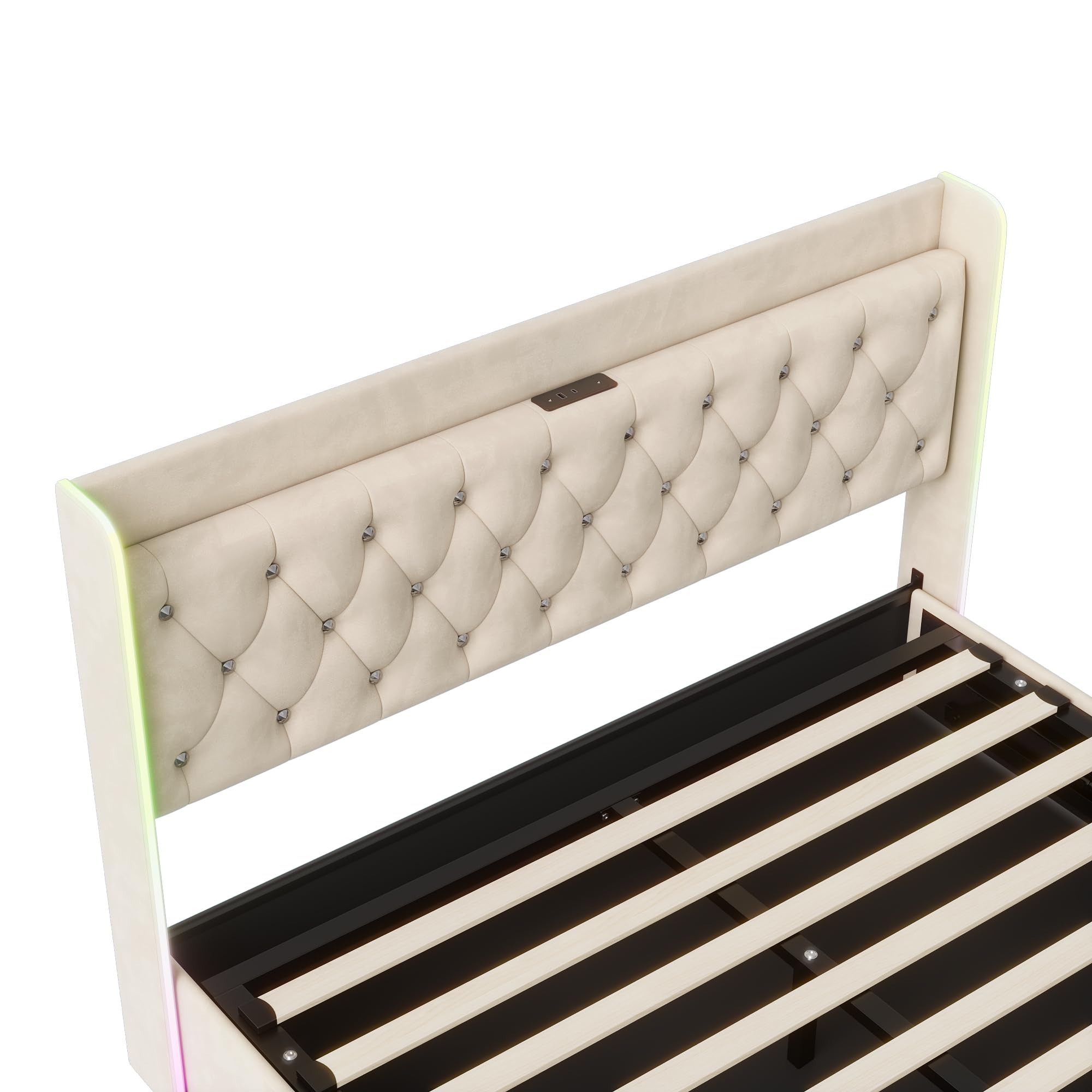 Letto matrimoniale imbottito 140 x 200 cm, letto idraulico a LED, letto matrimoniale con funzione porta di ricarica, comodino con funzione di carica, letto con vano portaoggetti (beige + flanella, 140