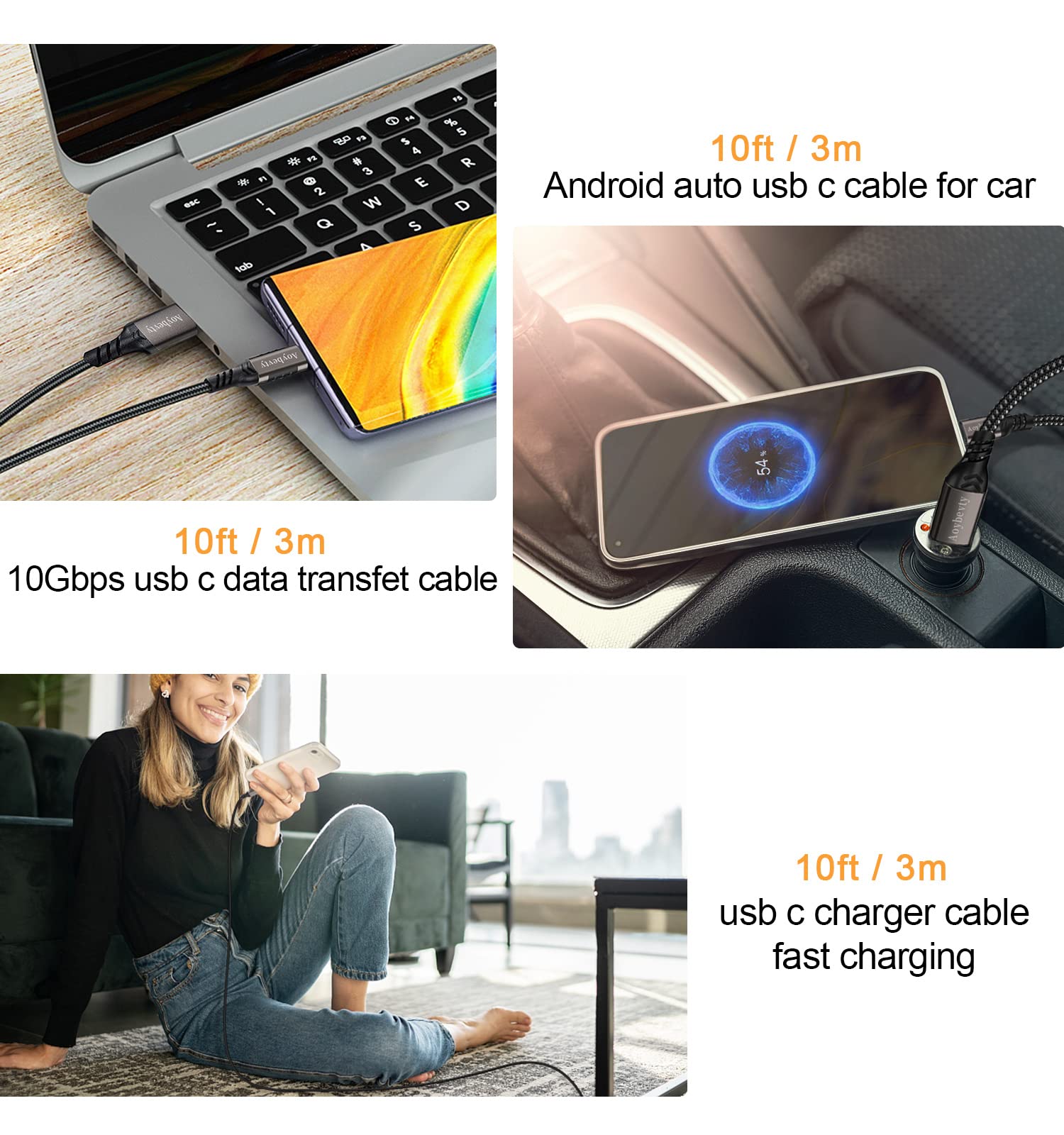 Cable USB a USB C [2 unidades de 10 pies], transferencia de datos de 10 Gbps y cable de carga rápida de 60 W 3 A, cable USB C 3.1/3.2 para Samsung Galaxy S21/S20/S10/S8/Note 20/9, LG 7/8,