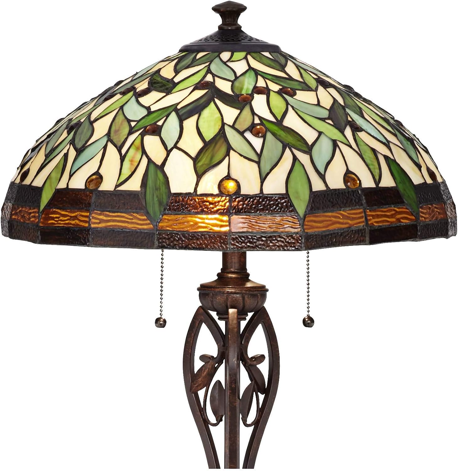 Robert Louis Tiffany Leaf and Vine II Traditional Victorian Tiffany Style Floor Standing Lamp 60" Tall Bronze Gold Amber Green Stained Glass Dome Shade Cottage Core Decor for Living Room Reading