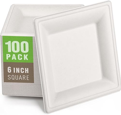 Gezond Paquete de 100 platos cuadrados compostables de papel desechables de 6 pulgadas, platos de cena cuadrados resistentes para fiestas, platos de