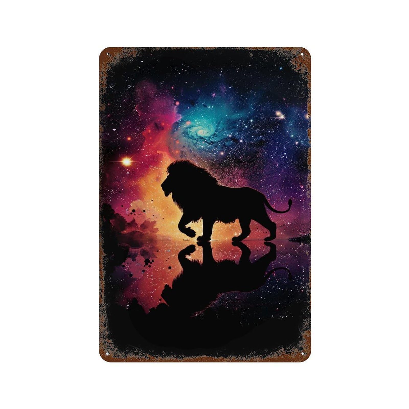 Rust Effect Cosmic Lion Reflection Art Print Vintage Rust Metal Sign 11.8"x7.9", Old School Wall Decor for Cafe, Home Bar And Lounge Decor