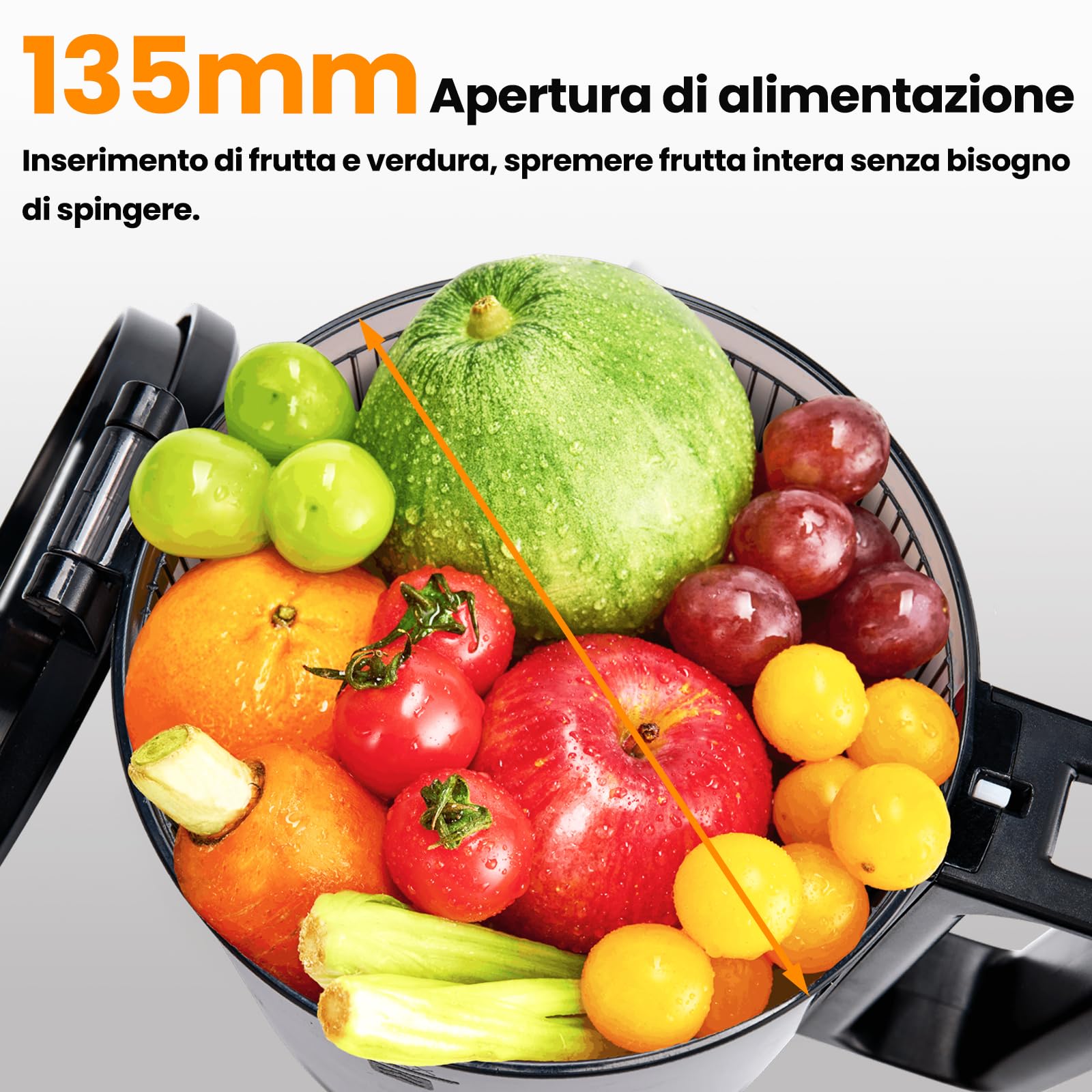 MAISON HUIS Estrattore Frutta e Verdura, Slow Juicer con 13,5cm Extra Grande Contenitore per Frutta e Verdura Intera, Facile da Pulire,Grigio