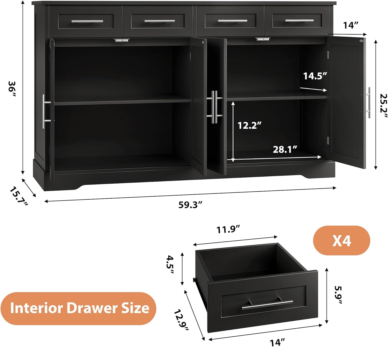 Dimensions of the HOSTACK 60-inch Large Buffet Sideboard, showing overall height, width, depth, and interior drawer size.