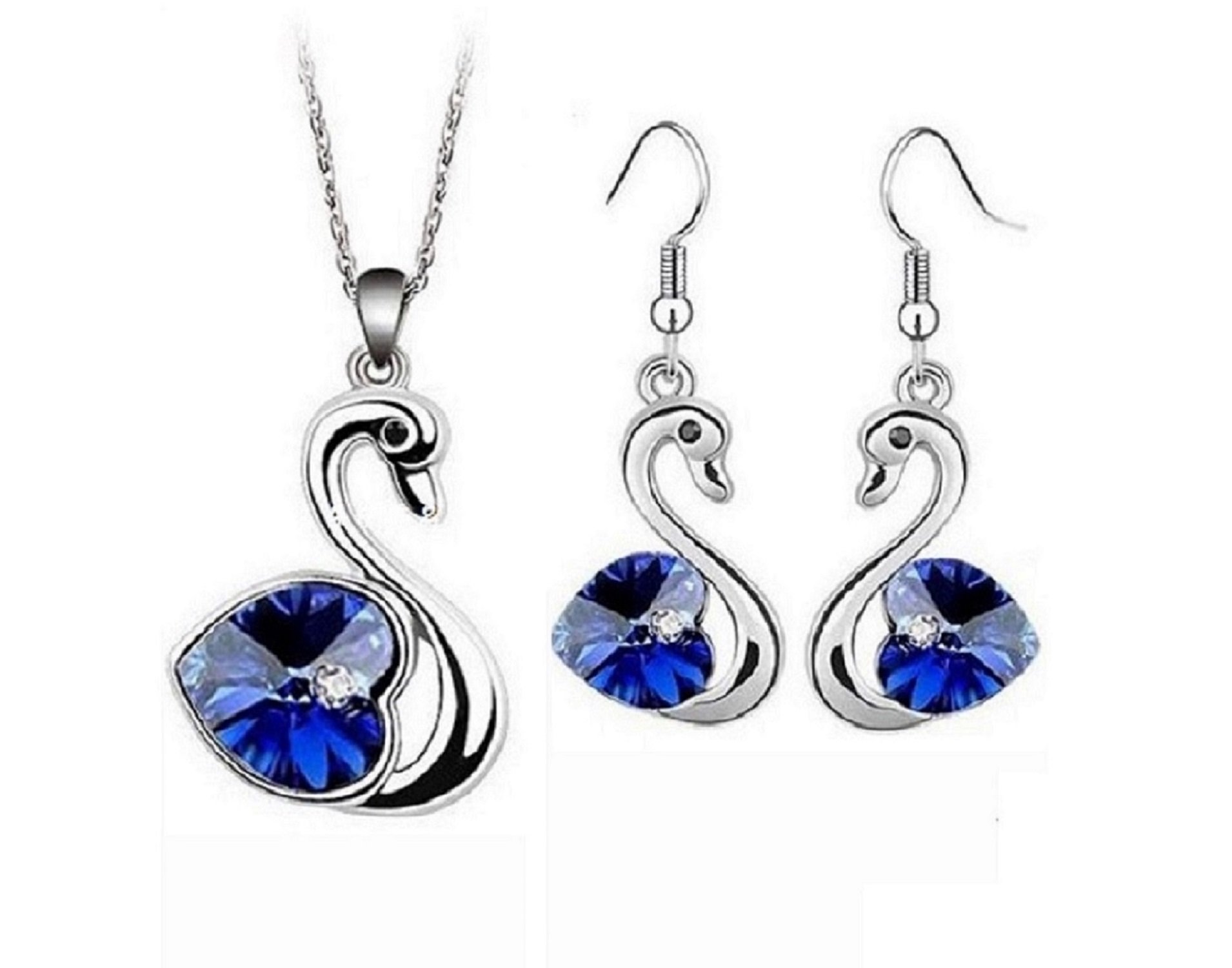 Womage 18K White Gold Plated Dark Blue Swan Austrian Crystal Pendant Set for Women & Girls - Jewl-36