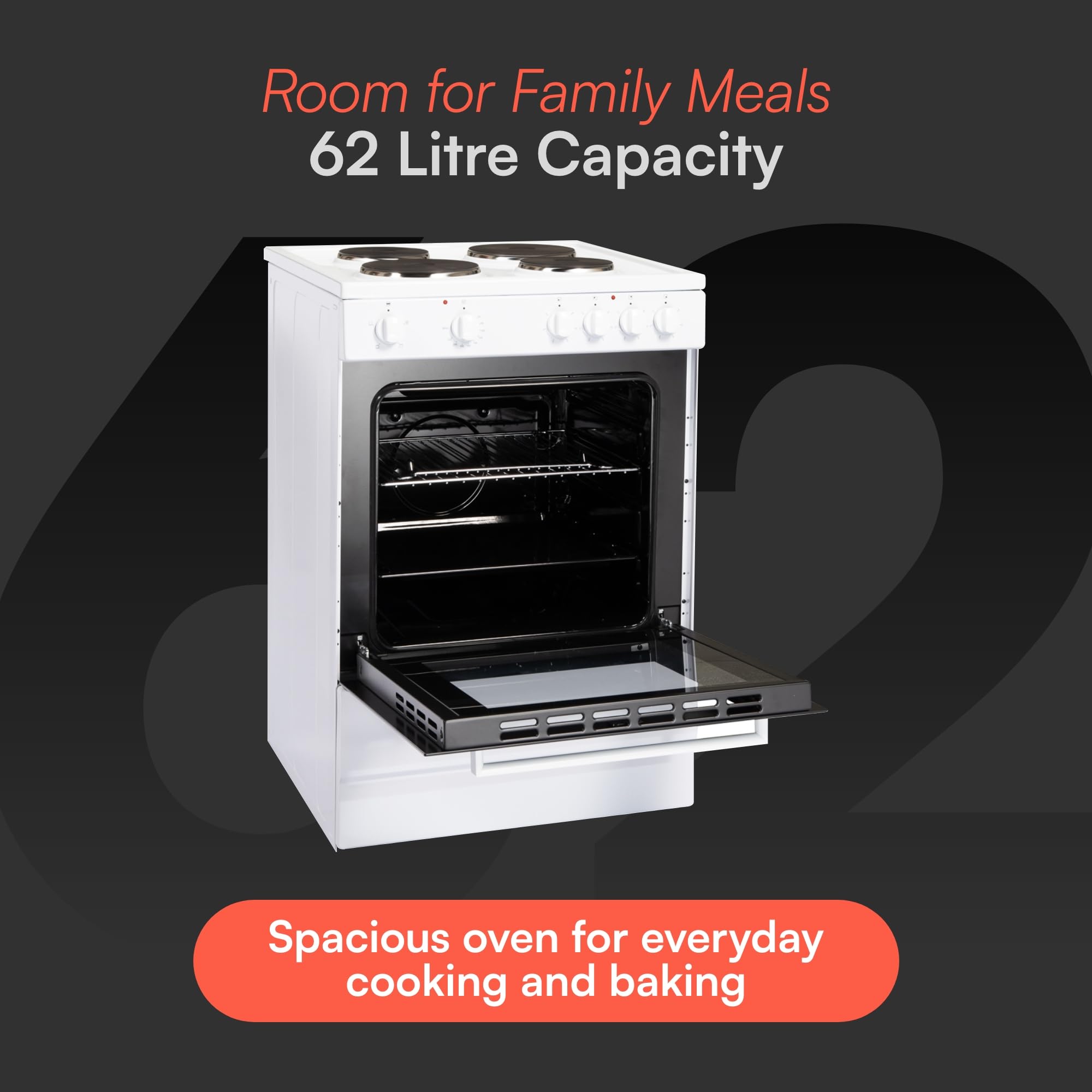 Cookology CFSP600WH 60cm Wide, 62 Litre Capacity Freestanding Electric Single Cooker with Solid Plate Top 4 Cooking Zone Hob and Analogue Dials – in White — view 5