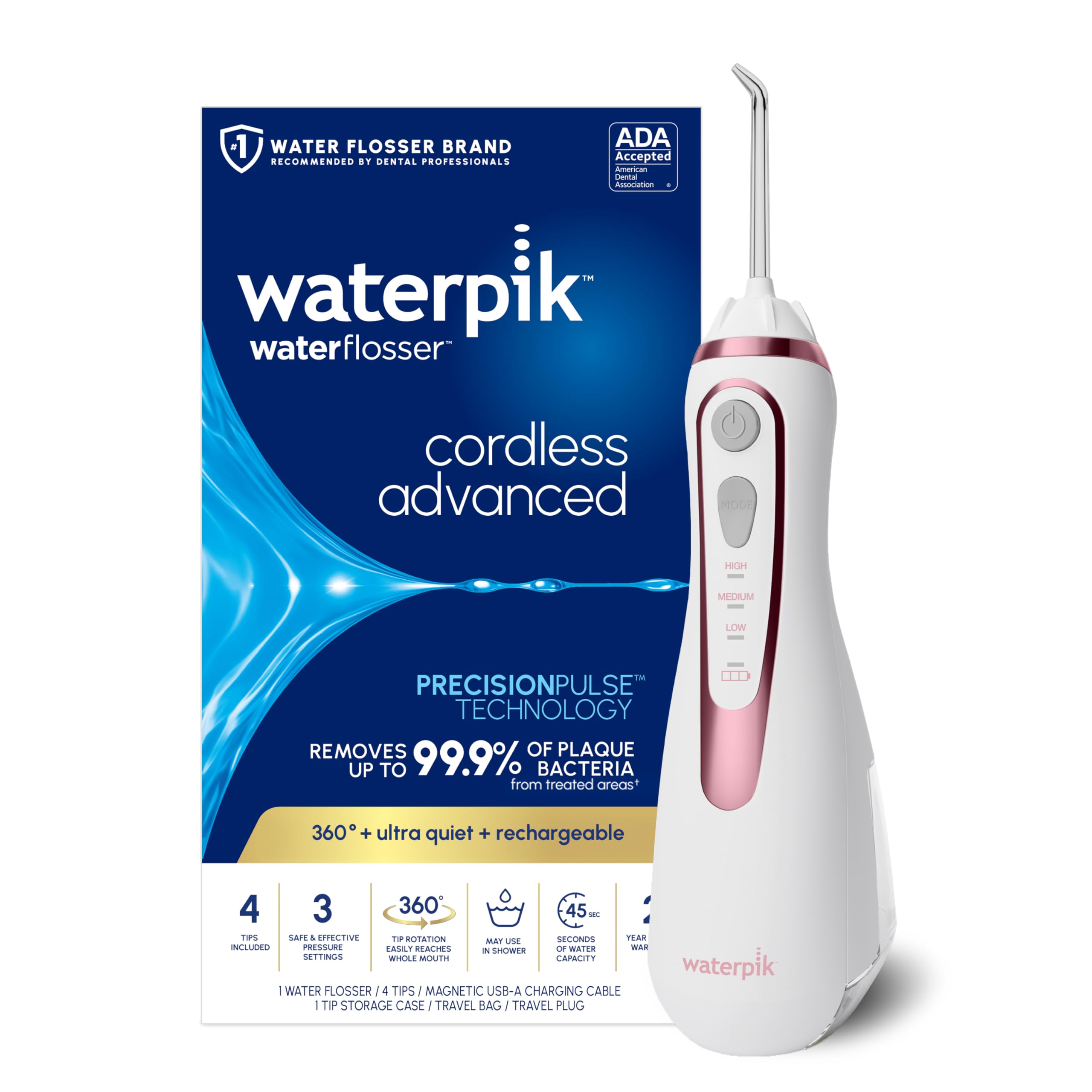 Photo 1 of Waterpik Cordless Advanced 2.0 Water Flosser For Teeth, Gums, Braces, Dental Care With Travel Bag and 4 Tips, ADA Accepted, Rechargeable, Portable, and Waterproof, Rose Gold WP-589, Packaging May Vary