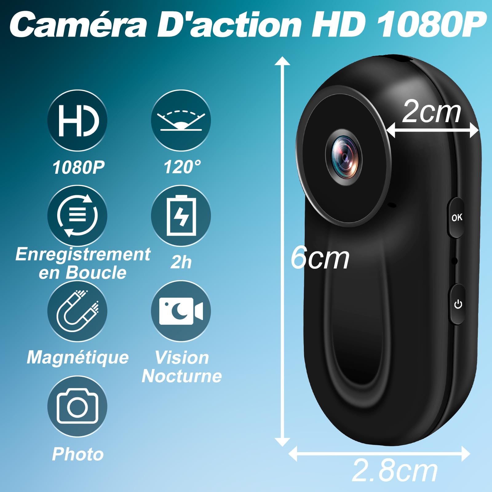 Camera Moto 2K WiFi 120° IP65, Dashcam avec G-Sensor
